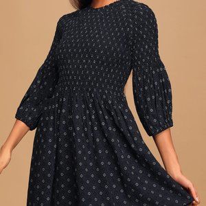 NWOT Lulus Midnight Breeze Navy Blue Print Smocked Puff Sleeve Skater Dress